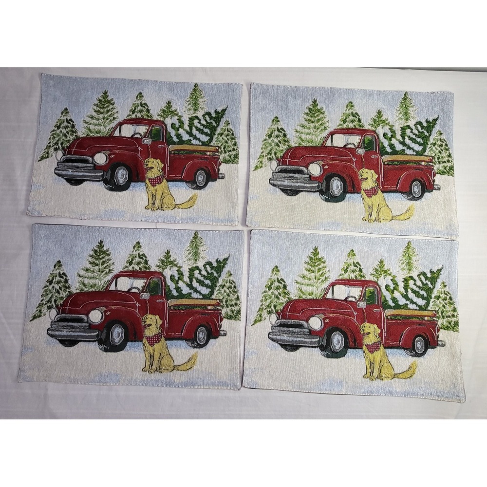 St. Nicholas Square Placemats Set of 4 Christmas Red Truck Dog Tapestry Holiday